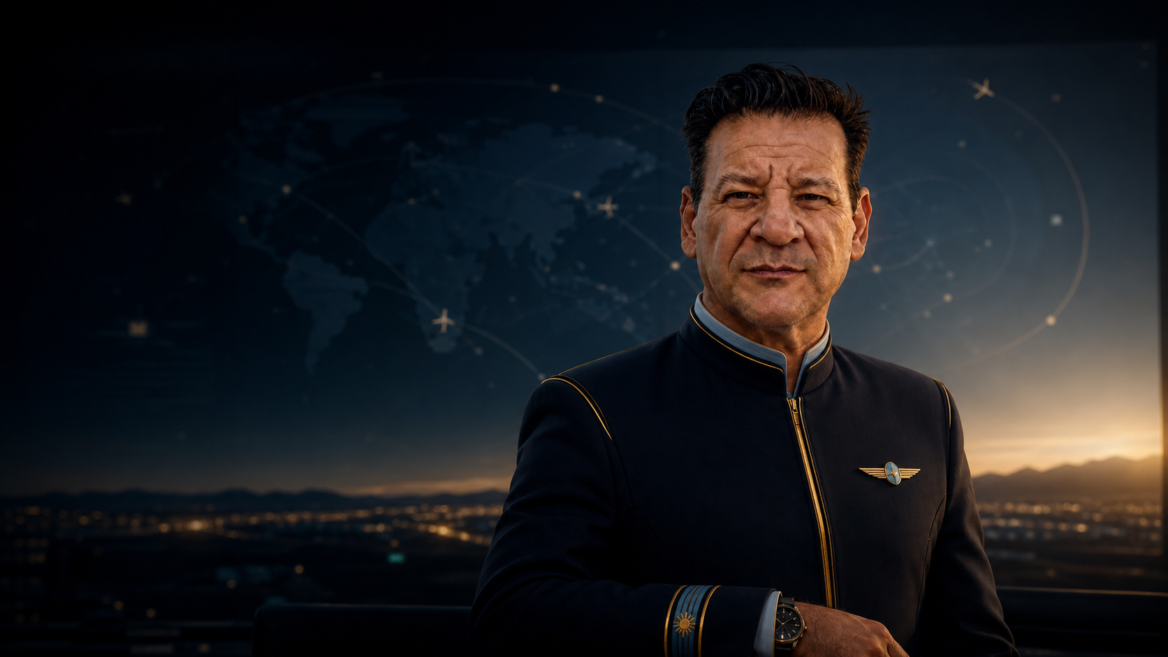 Dr. Alejandro Canonero as the fictional Ecosystem Commander in an aviation-command portrait