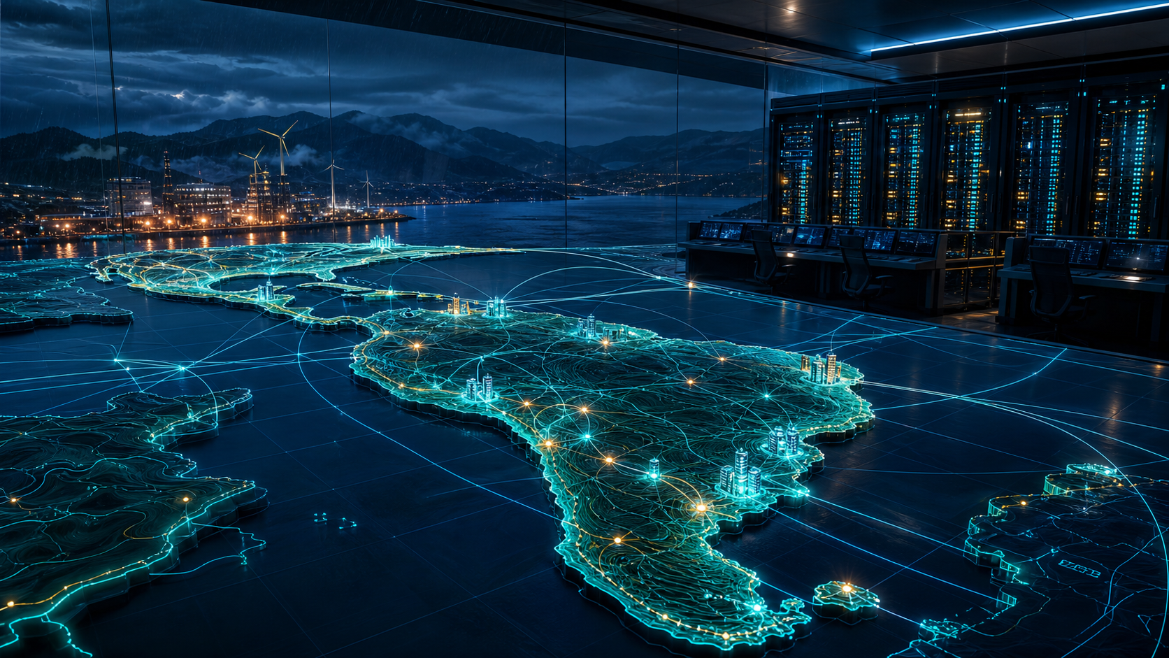 Una sala de operaciones segura en la nube y un mapa iluminado de América Latina que muestra las rutas de la infraestructura de datos.