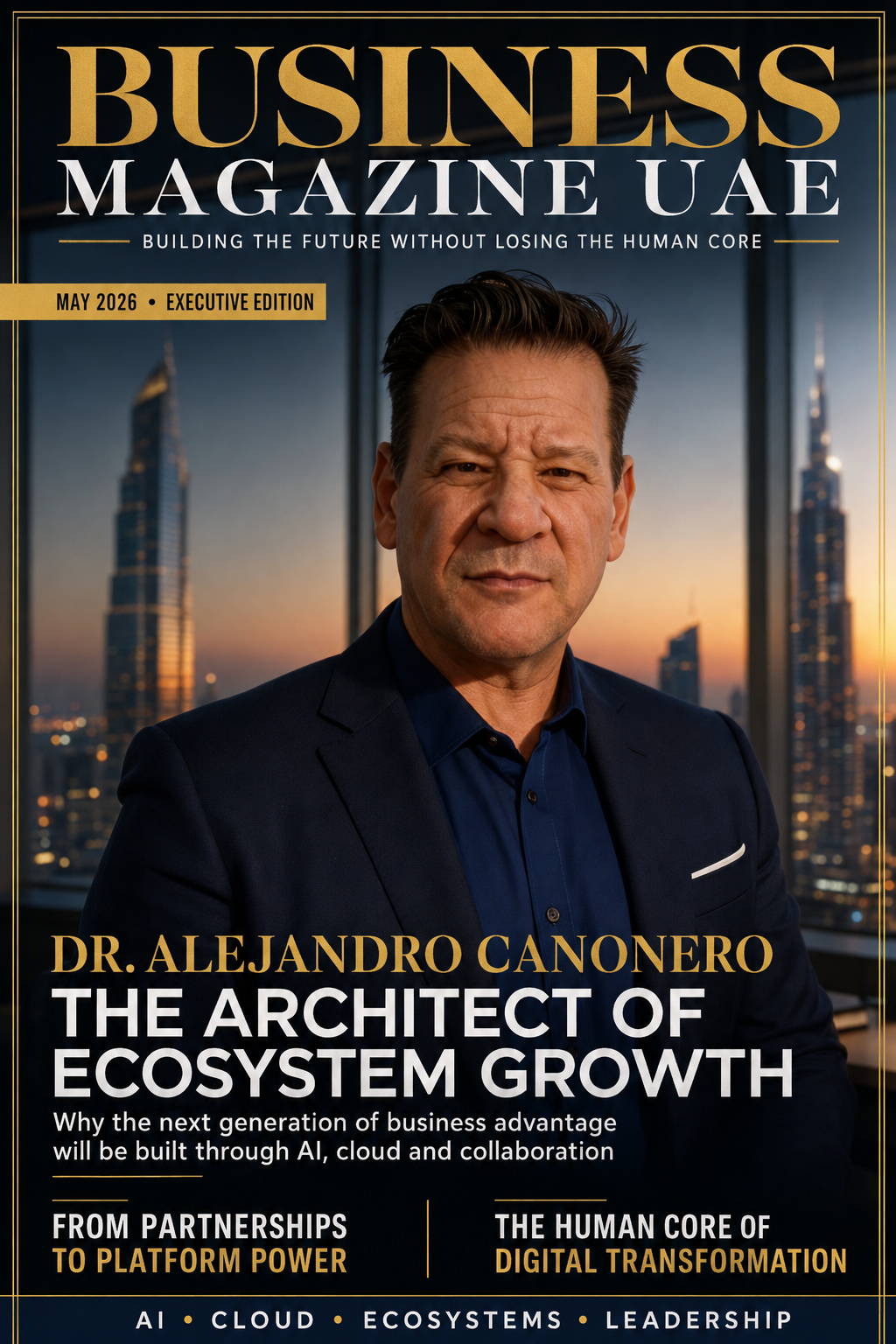 Tratamiento editorial de portada para el artículo de Business Magazine UAE con el Dr. Alejandro Canonero