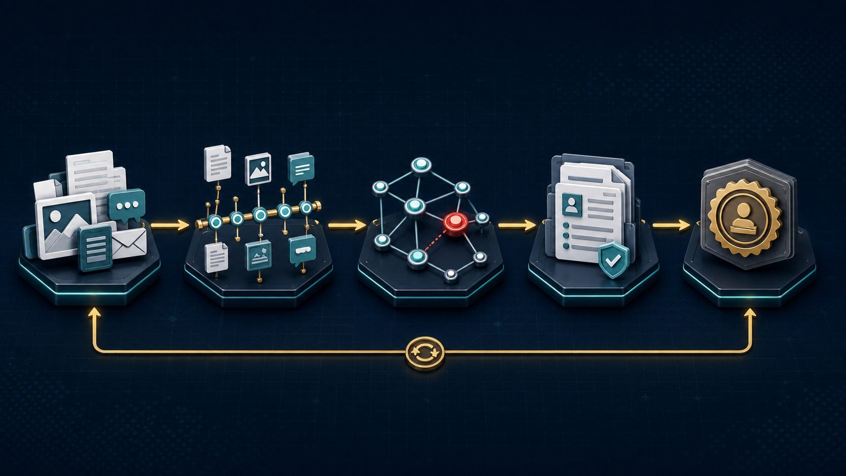 Five-stage claims investigation route from evidence intake through chronology, anomaly detection, investigator briefing, and human decision