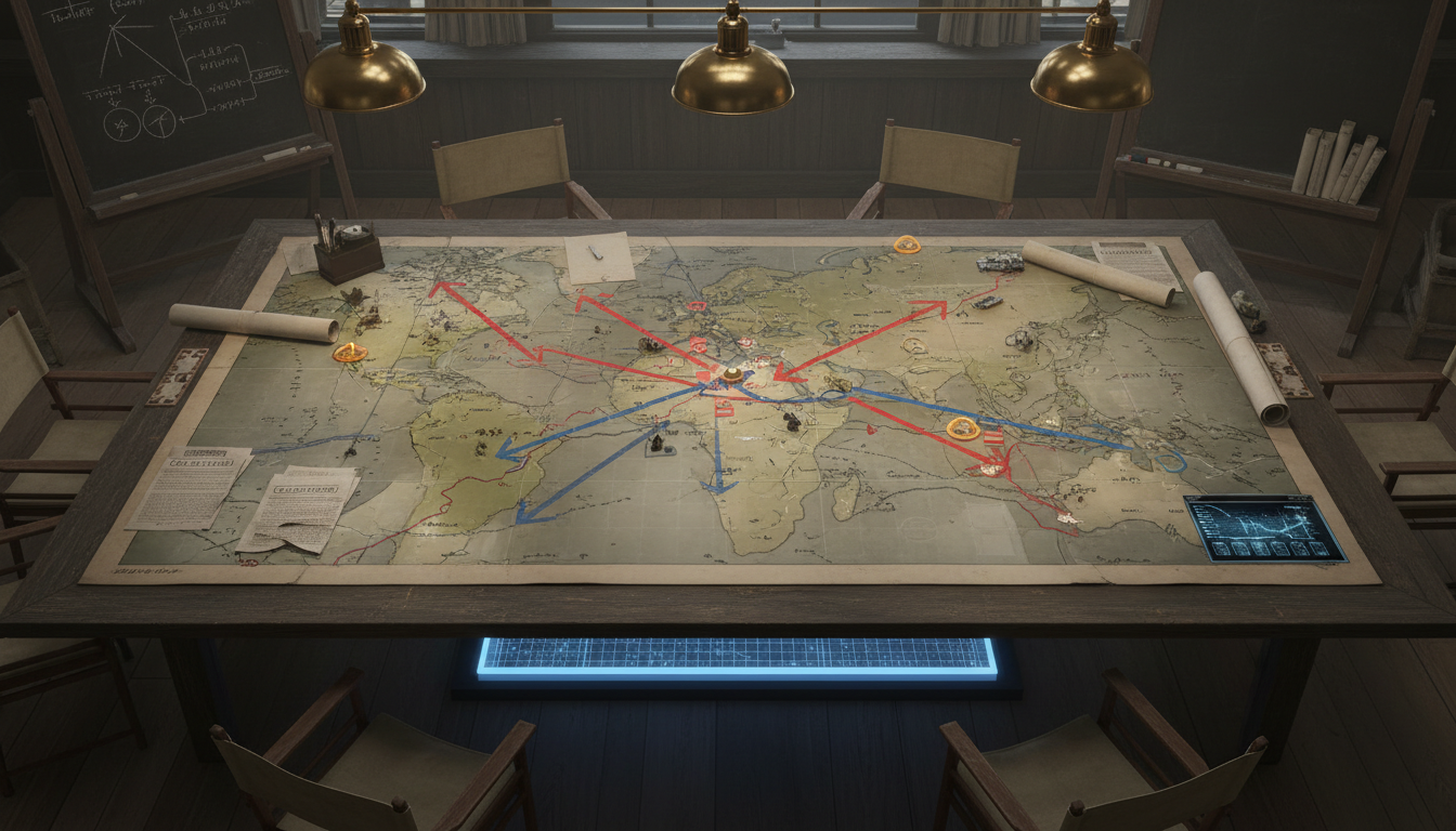 High angle view of a strategic war map with marked territories and battle plans